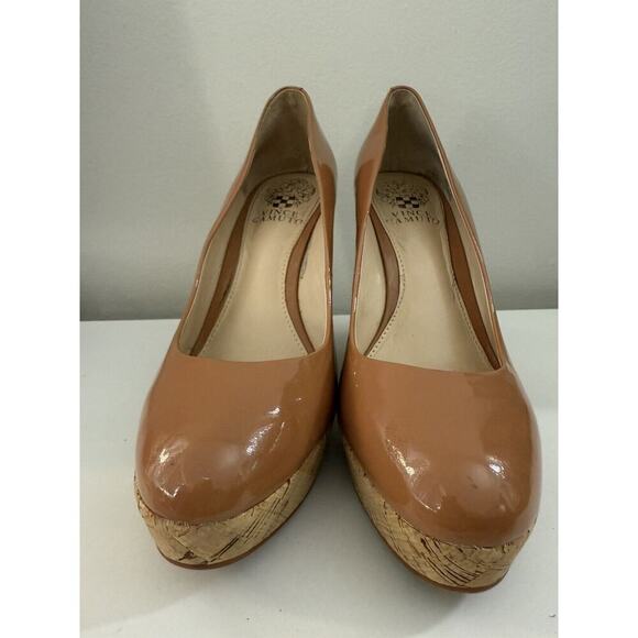 Vince Camuto Faran Wedge Pump Heel Patent Leather Cork Nude Tan Women's sz 8 - Picture 2 of 9